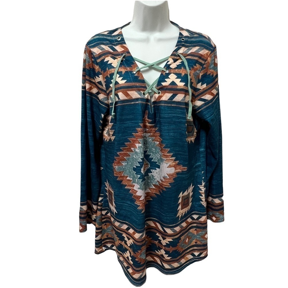 Boho Aztec Print Lace Up Tunic Top Long Sleeve Casual Jumper Blouse T Shirt, XL